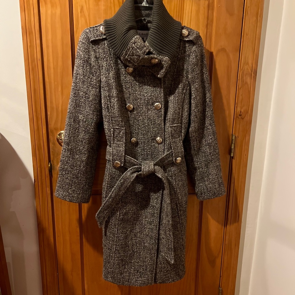 Calvin Klein wool tweed coat double breasted with belt Color: brown gray cream